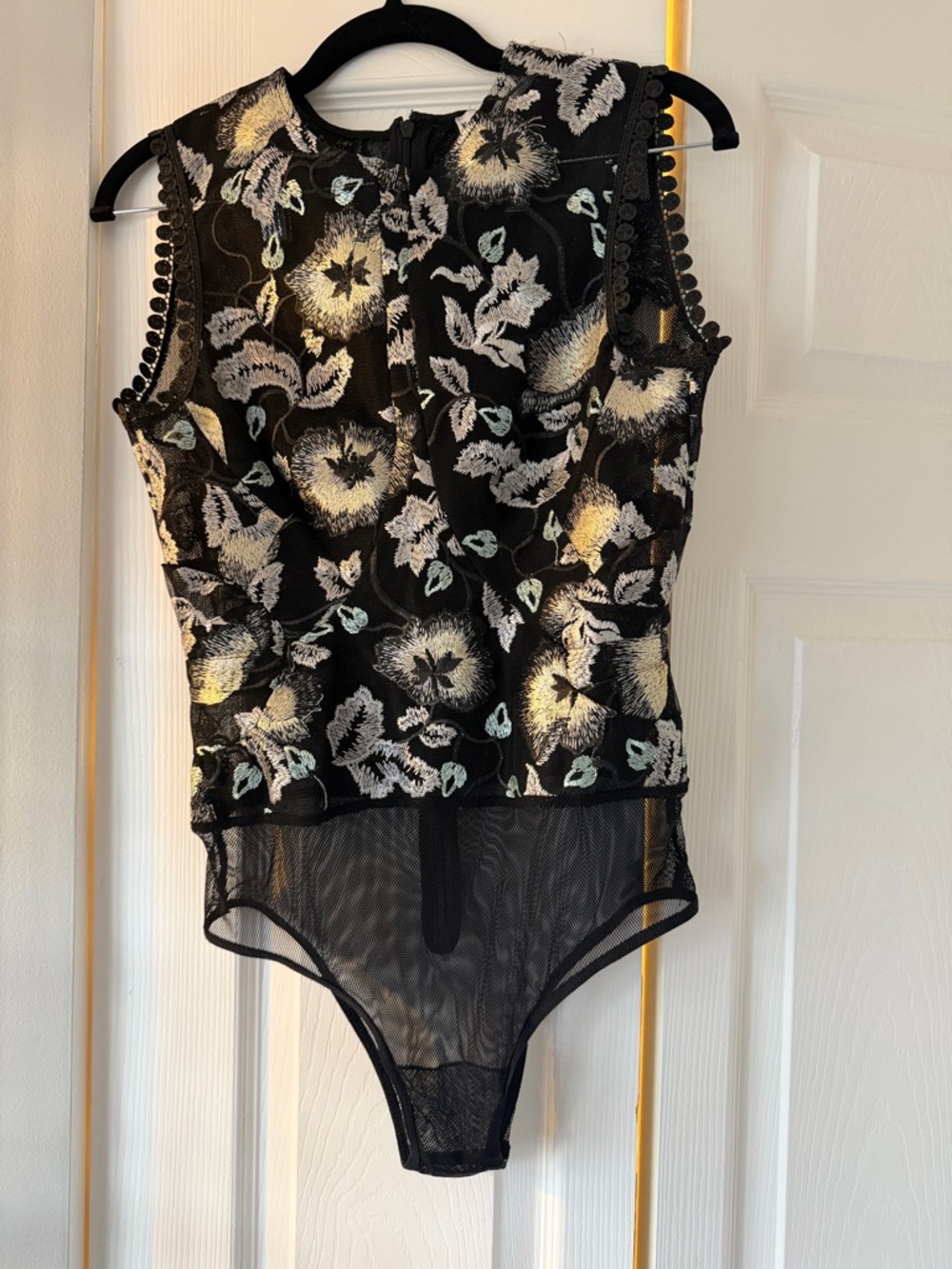 Karina Grimaldi Floral Embroidered Black Mesh Bodysuit